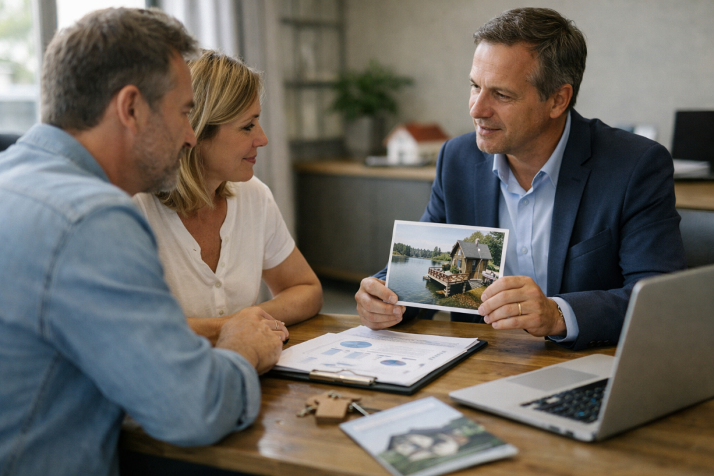 Agent immobilier montrant brochure de maison aux clients