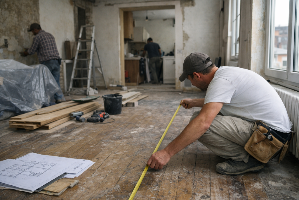 Ouvrier mesurant un plancher en bois lors de rénovation