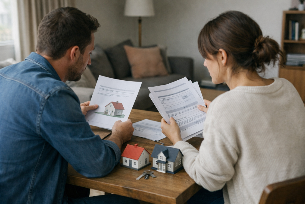 Couple examinant des documents avec maquettes de maisons