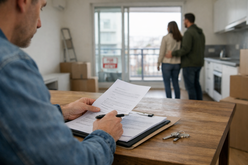 Main signant un contrat de location, couple au balcon