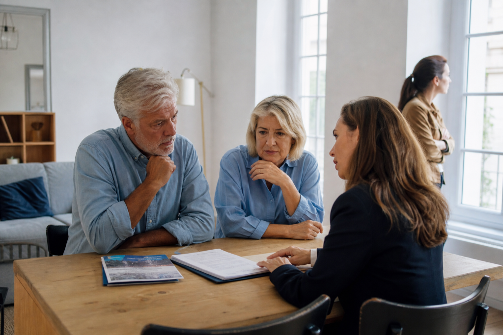 Trois collègues discutant autour d'une table, tablette et documents