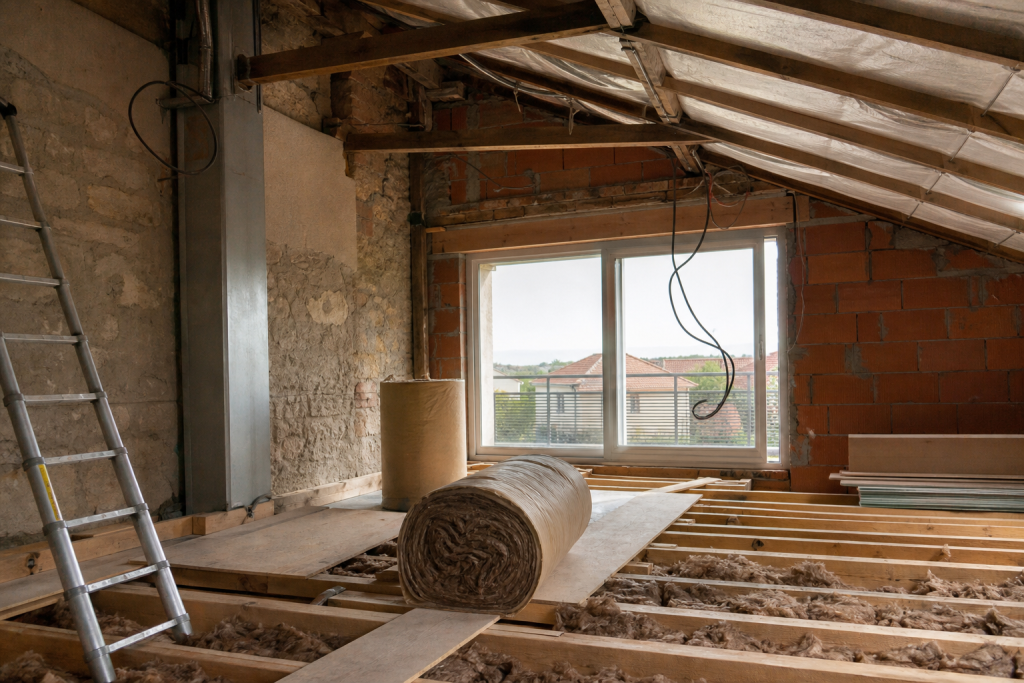 Combles en rénovation avec rouleaux d'isolation posés