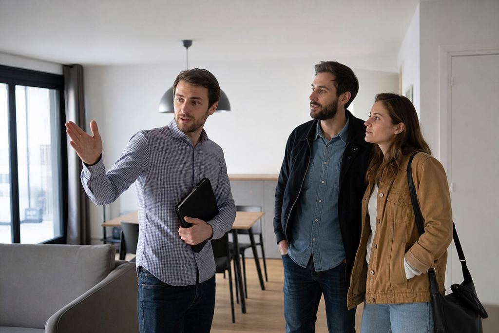 Homme montrant un appartement à un couple