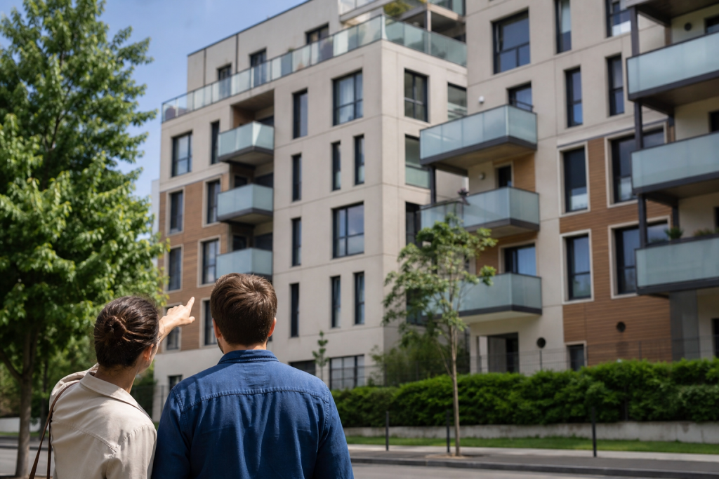 Deux personnes de dos devant immeuble résidentiel moderne